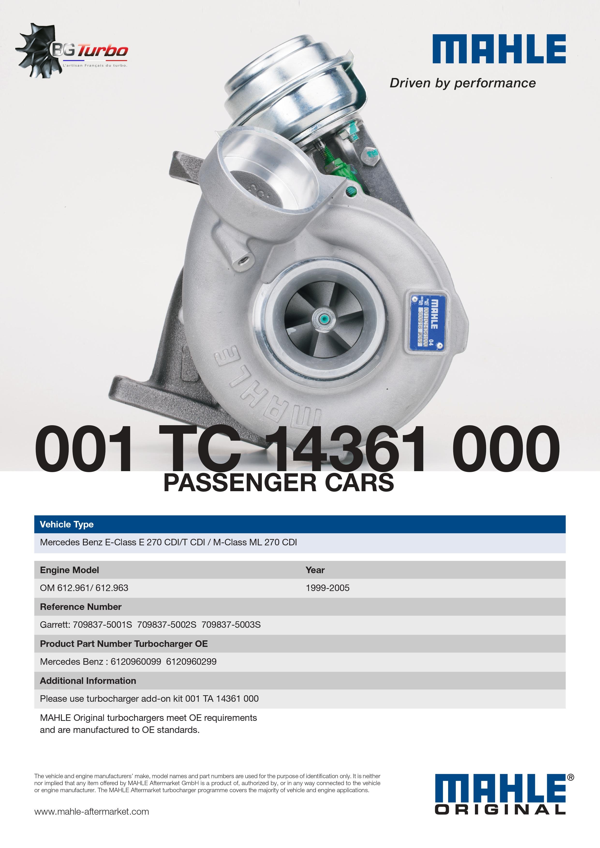 Turbo TURBO MAHLE GT2256V NEUF ADAPTABLE - MERCEDES-BENZ E270 ML270 CLASS E CDI OM612.961 - 709837-0003
