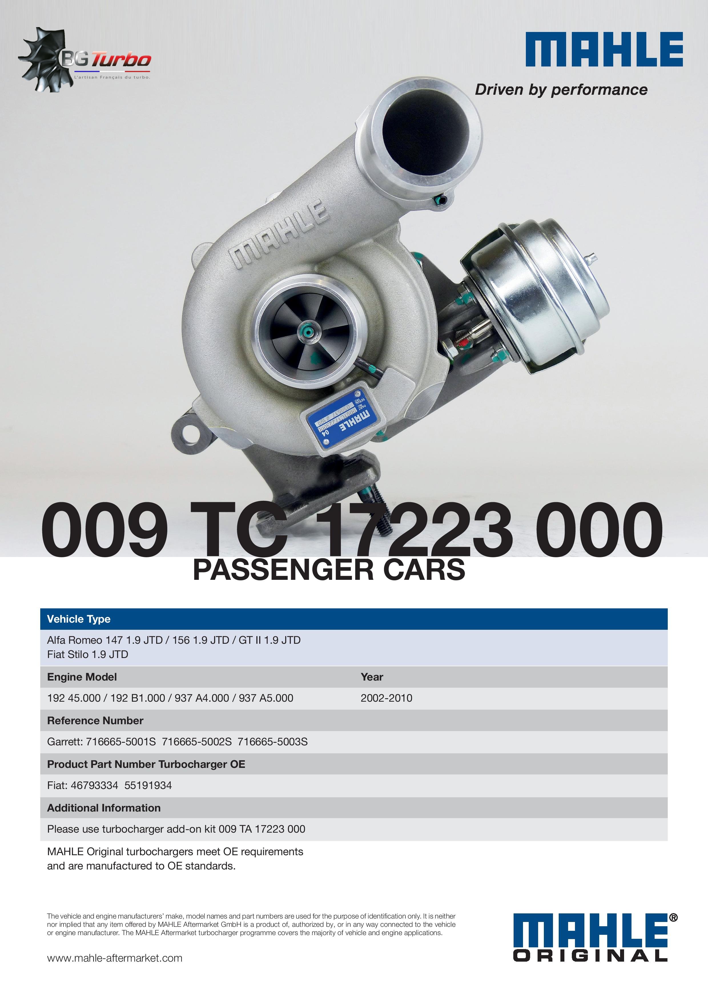 TURBO MAHLE GT1749V NEUF ADAPTABLE - ALFA ROMEO FIAT LANCIA 147 156 JTD STILO LYBRA M724.19 1,9 L 138 140 150 CV - 716665-0003
