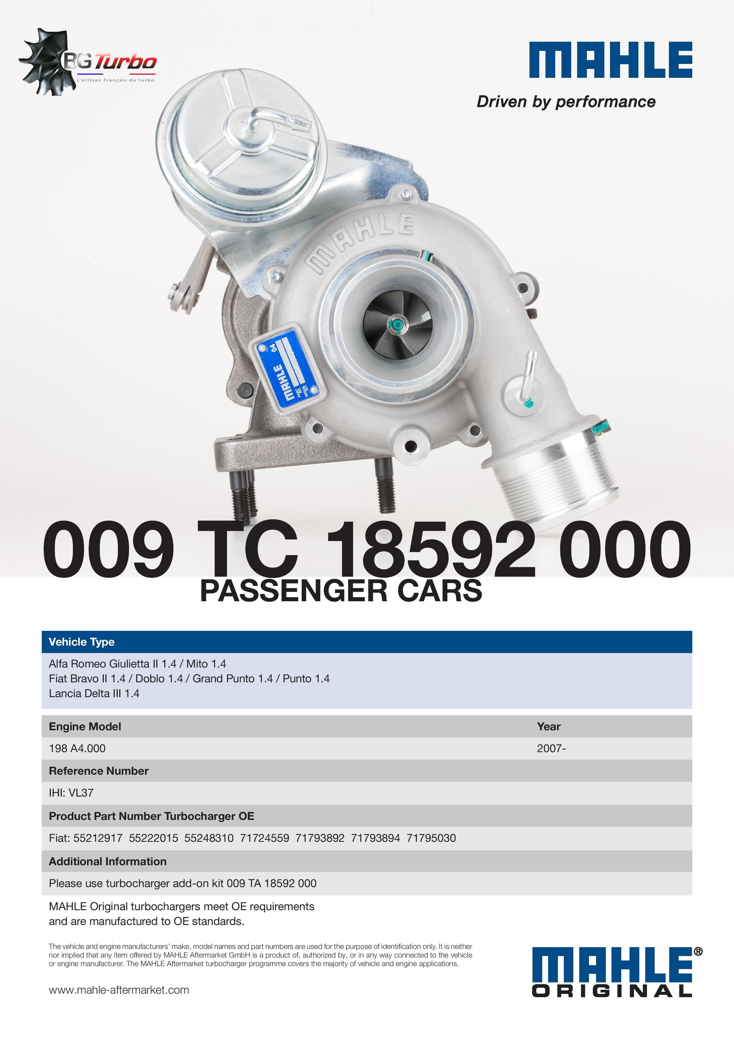 TURBO MAHLE RHF3 NEUF ADAPTABLE - VL37 -  ALFA ROMEO FIAT LANCIA MITO BRAVO GRANDE PUNTO DELTA 1,4 L 120 CV - VL37 - 71795030 - 55212917 - 71793892 - 71724559 - 55248310 - 55222015
