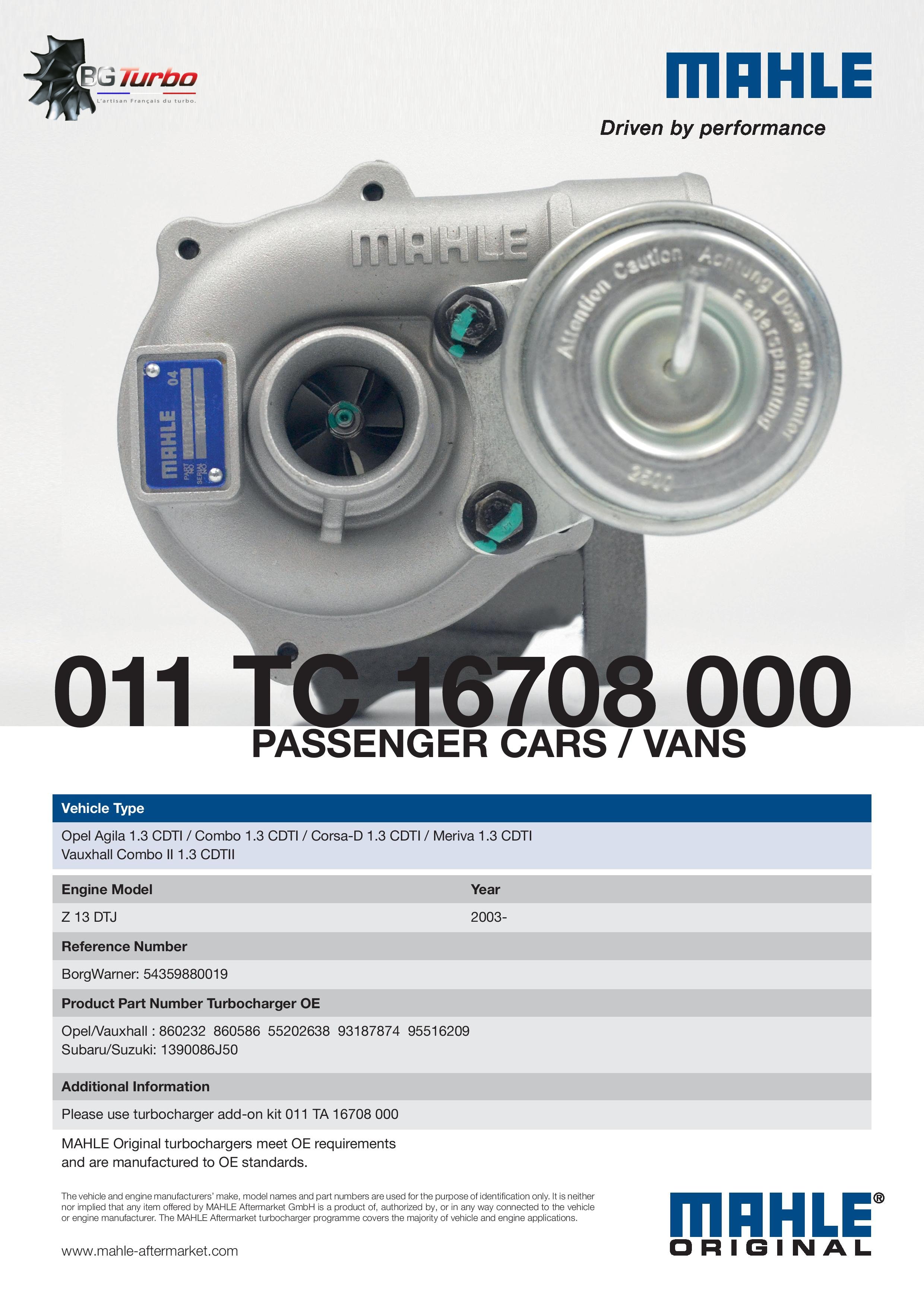 Turbo TURBO MAHLE KP35 NEUF ADAPTABLE - OPEL SUZUKI AGILA COMBO CORSA SPLASH SWIFT 1,3 L 69 75 CV - 54359700019
