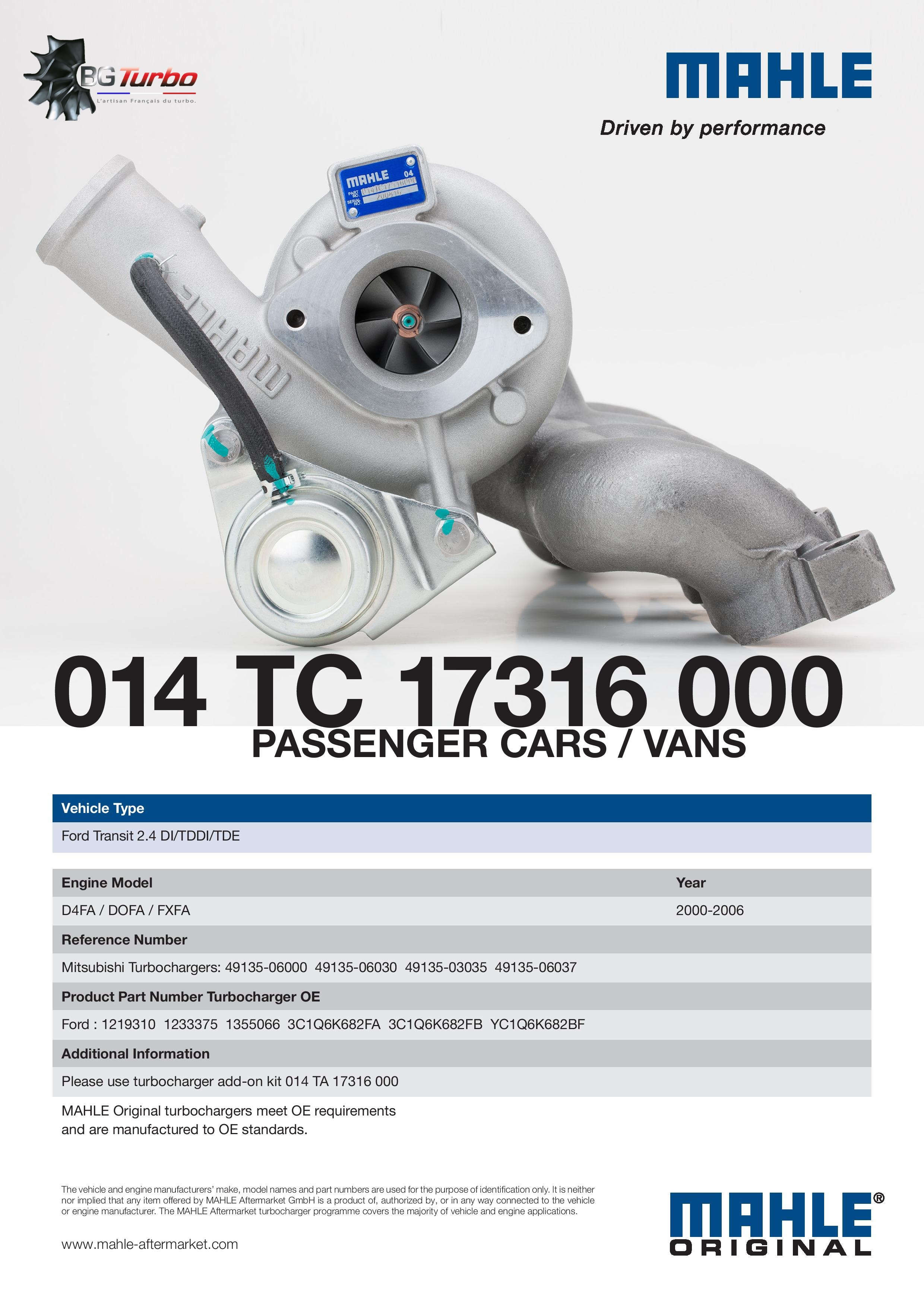 Turbo TURBO MAHLE TF035HM NEUF ADAPTABLE - FORD TRANSIT PUMA D2FA D2FB D2FE 2,4 L 120 125 CV - 4913506037
