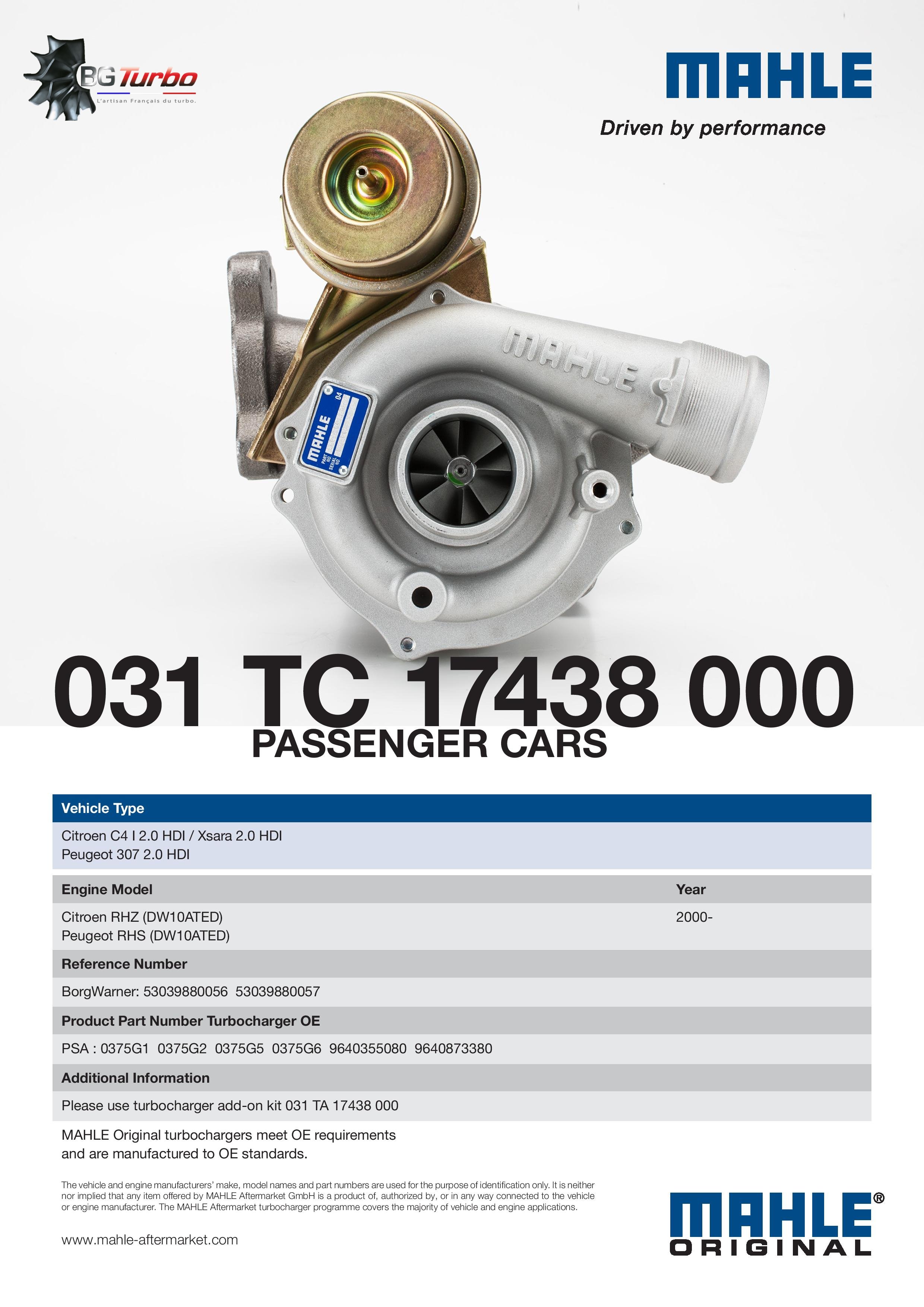 TURBO MAHLE K03 NEUF ADAPTABLE - CITROEN PEUGEOT C4 JUMPY XSARA 206 307 HDI 2,0 L 90 109 110 CV - 53039700057
