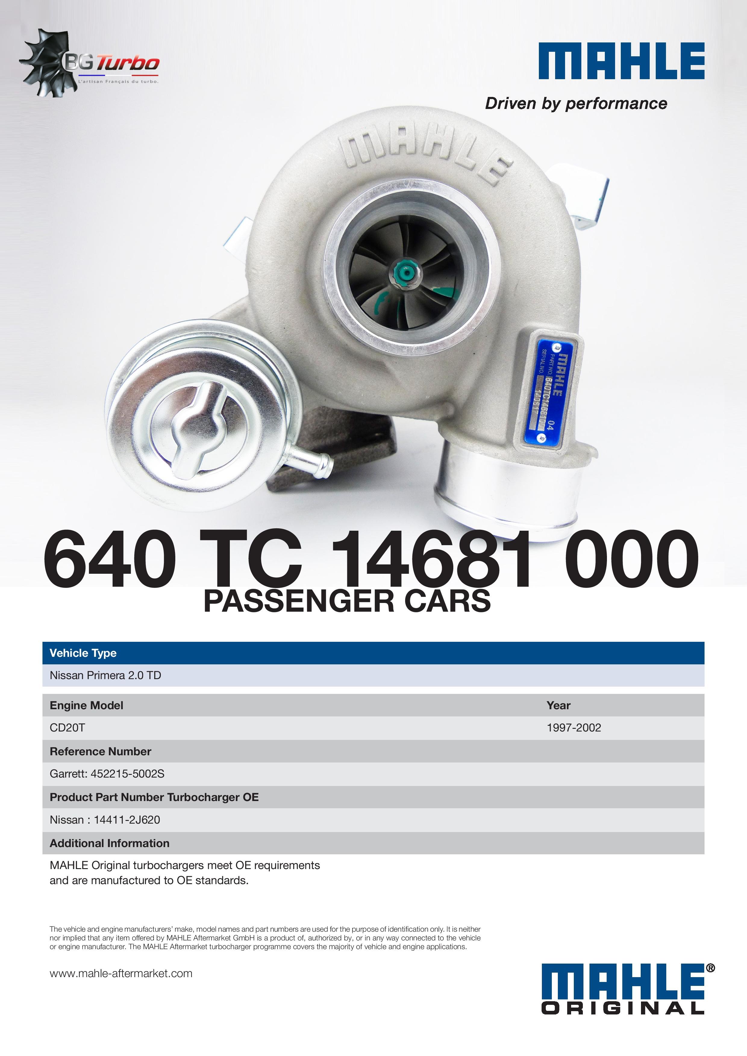 Turbo TURBO MAHLE GT24 NEUF ADAPTABLE - NISSAN PRIMERA TD CD20T 2,0 L 90 121 CV - 452215-0002
