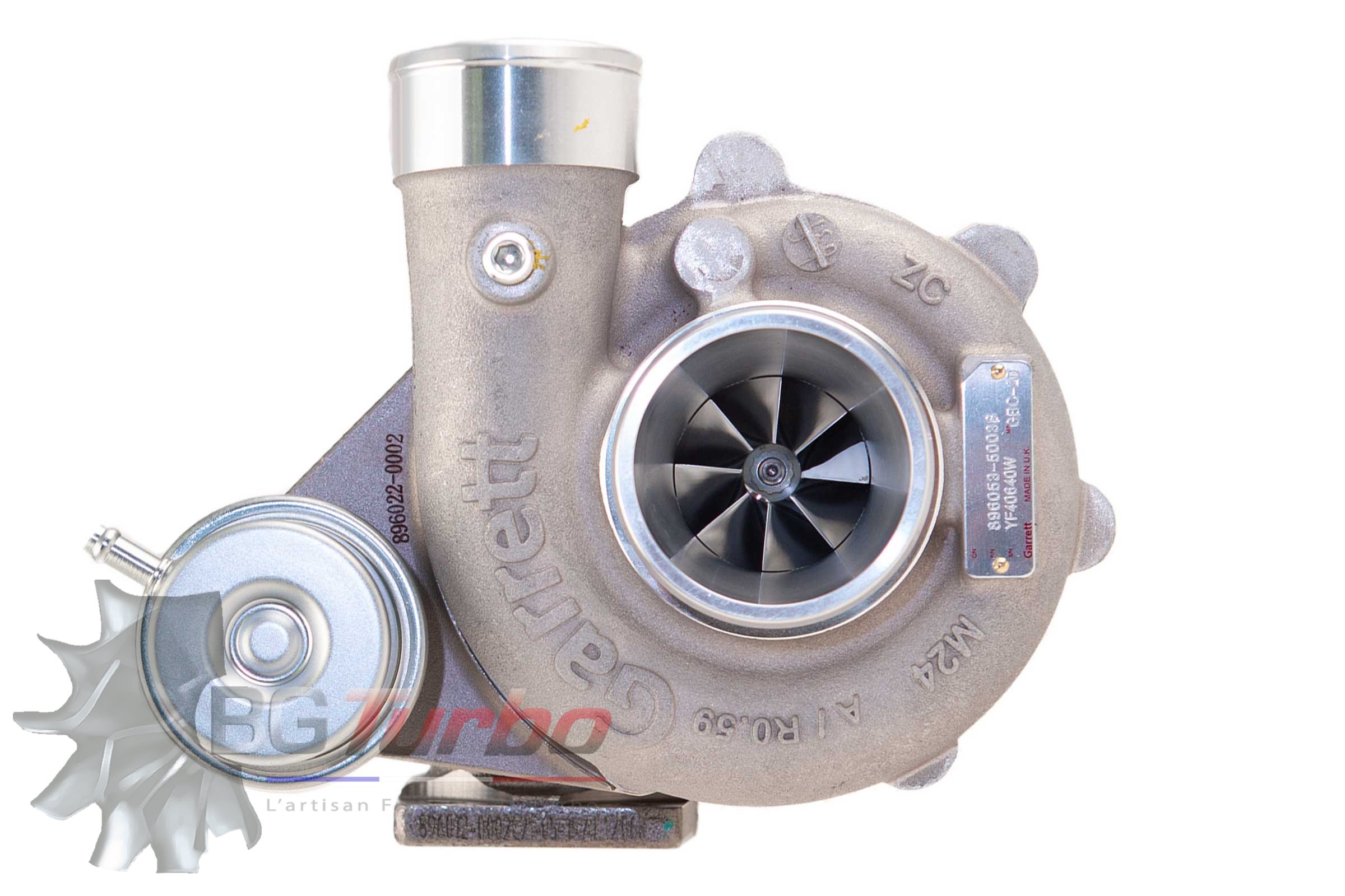 Turbo TURBO - NEUF - VL - FULL TURBO, 0.55 O/V, T25 / 5-BOLT, WG - 896053-5003S - GBC20-300 Roue compresseur taillée masse inducer 39/exducer 52mm, aéro GTX GenII. CHRA sur paliers, carter échappement avec waste gate intégrée compatible GTBC17/20/22. Jusqu'à 300cv.
