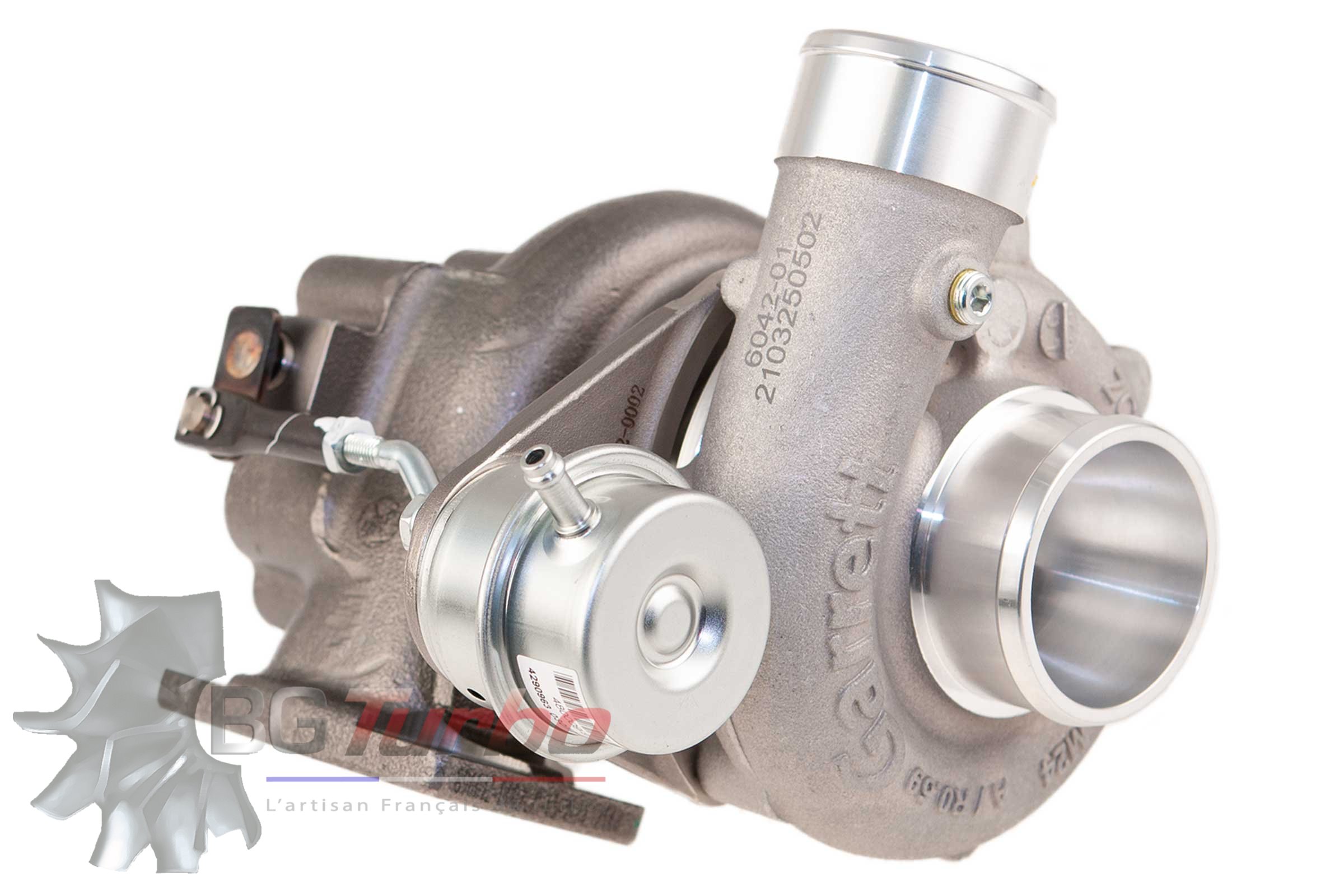 TURBO - NEUF - VL - FULL TURBO, 0.64 O/V, T25 / 5-BOLT, WG - 896055-5003S - GBC22-350 Roue compresseur taillée masse inducer 44/exducer 56mm, aéro GTX GenII. CHRA sur paliers, carter échappement avec waste gate intégrée compatible GTBC17/20/22. Jusqu'à 350cv.

