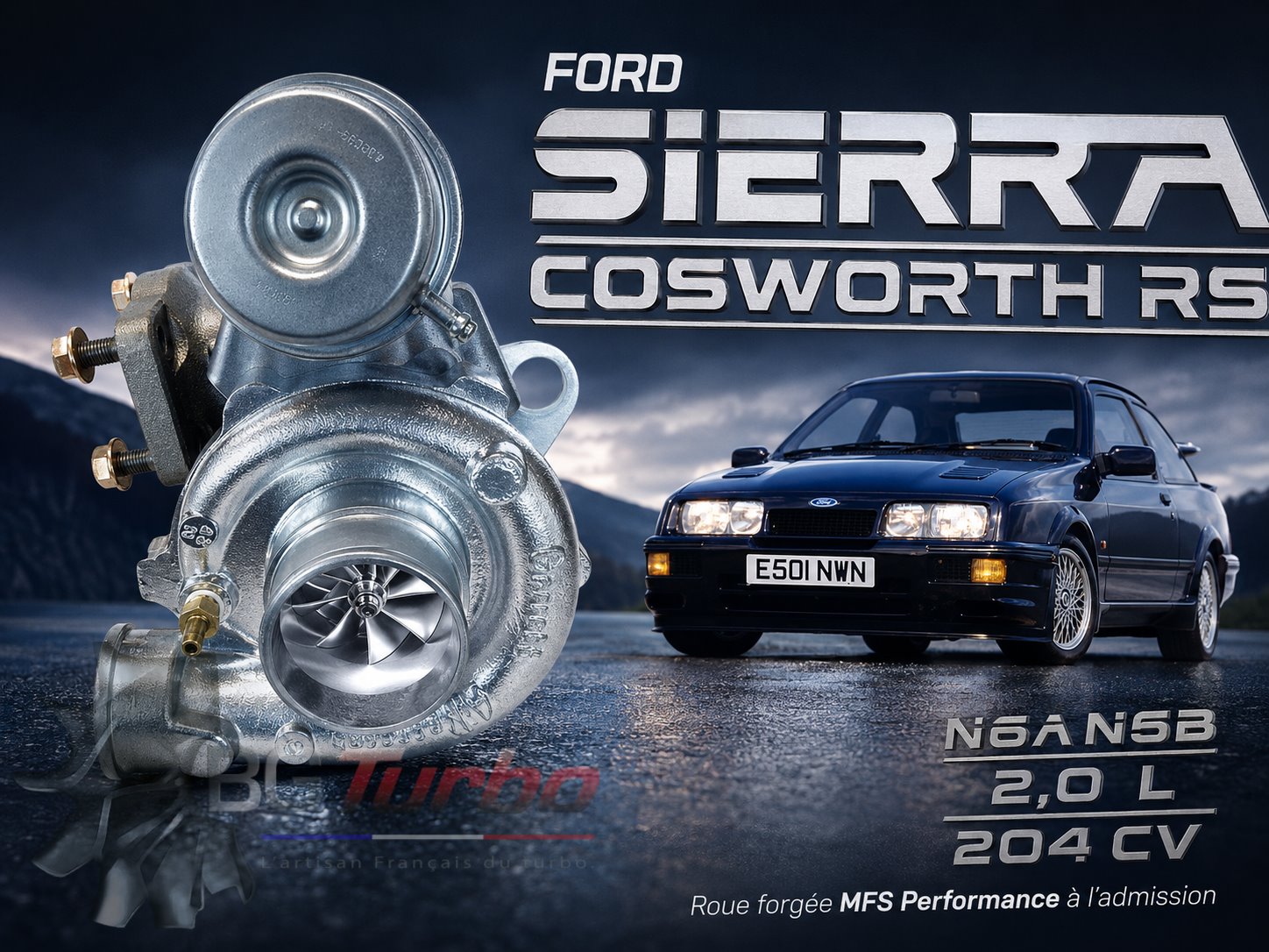 Turbo TURBO - HYBRIDE - E/S PRÉPARÉ EN FRANCE - STAGE1 - TB0370 - FORD SIERRA RS COSWORTH 2 PORTES - 6+6 pales - MFS PERFORMANCE 3105Diamètre admission - Ind : 44,62 mm / Exd : 60,25 mm / Angle : 30°
