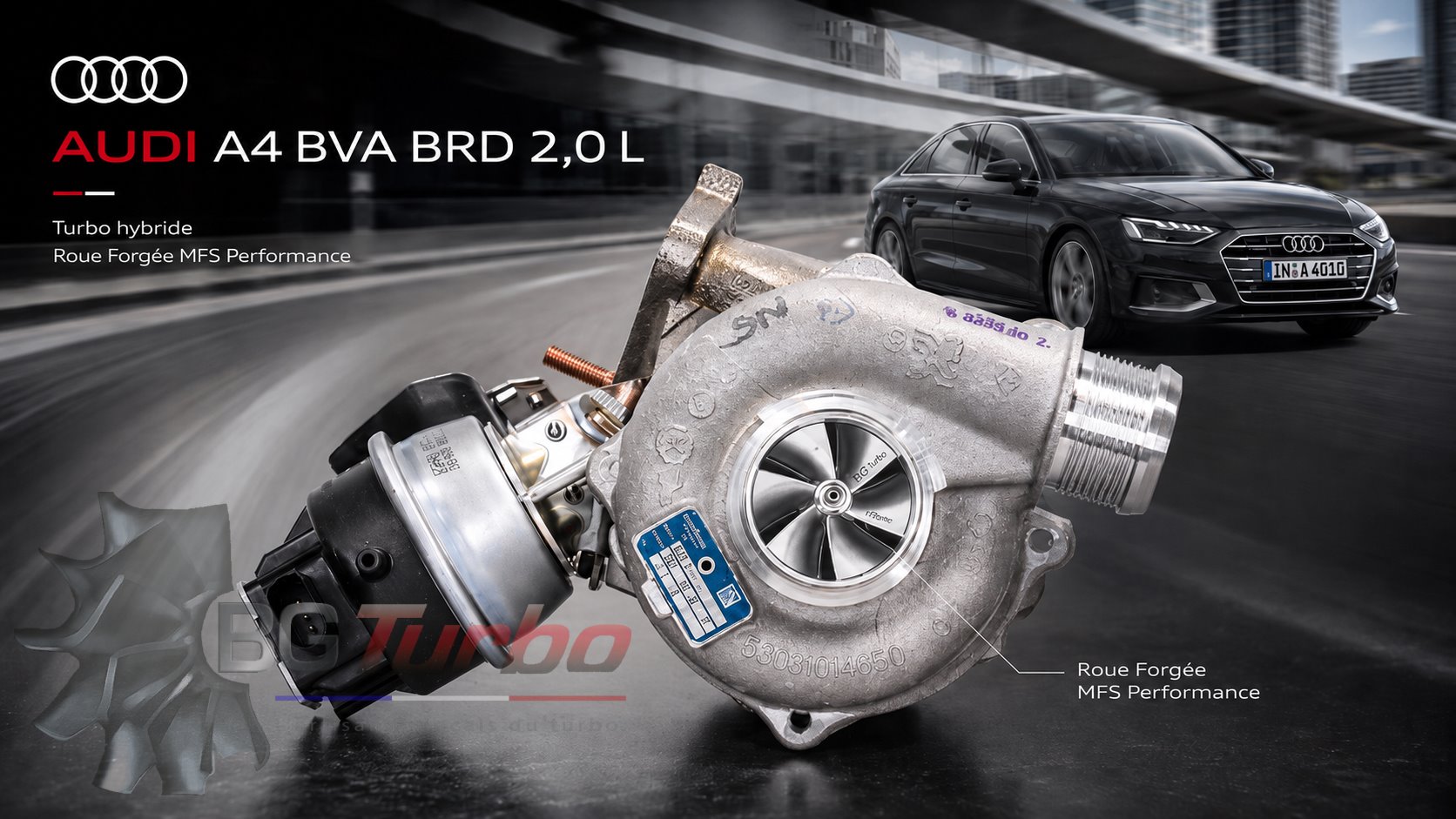 Turbo TURBO - HYBRIDE - &nbsp;NEUF OE PRÉPARÉ EN FRANCE &nbsp;- STAGE2 - 0 - 6+6 pales - MFS PERFORMANCE K357Diamètre admission - Ind : 39,86 mm / Exd : 50,96 mm / Angle : 30°
