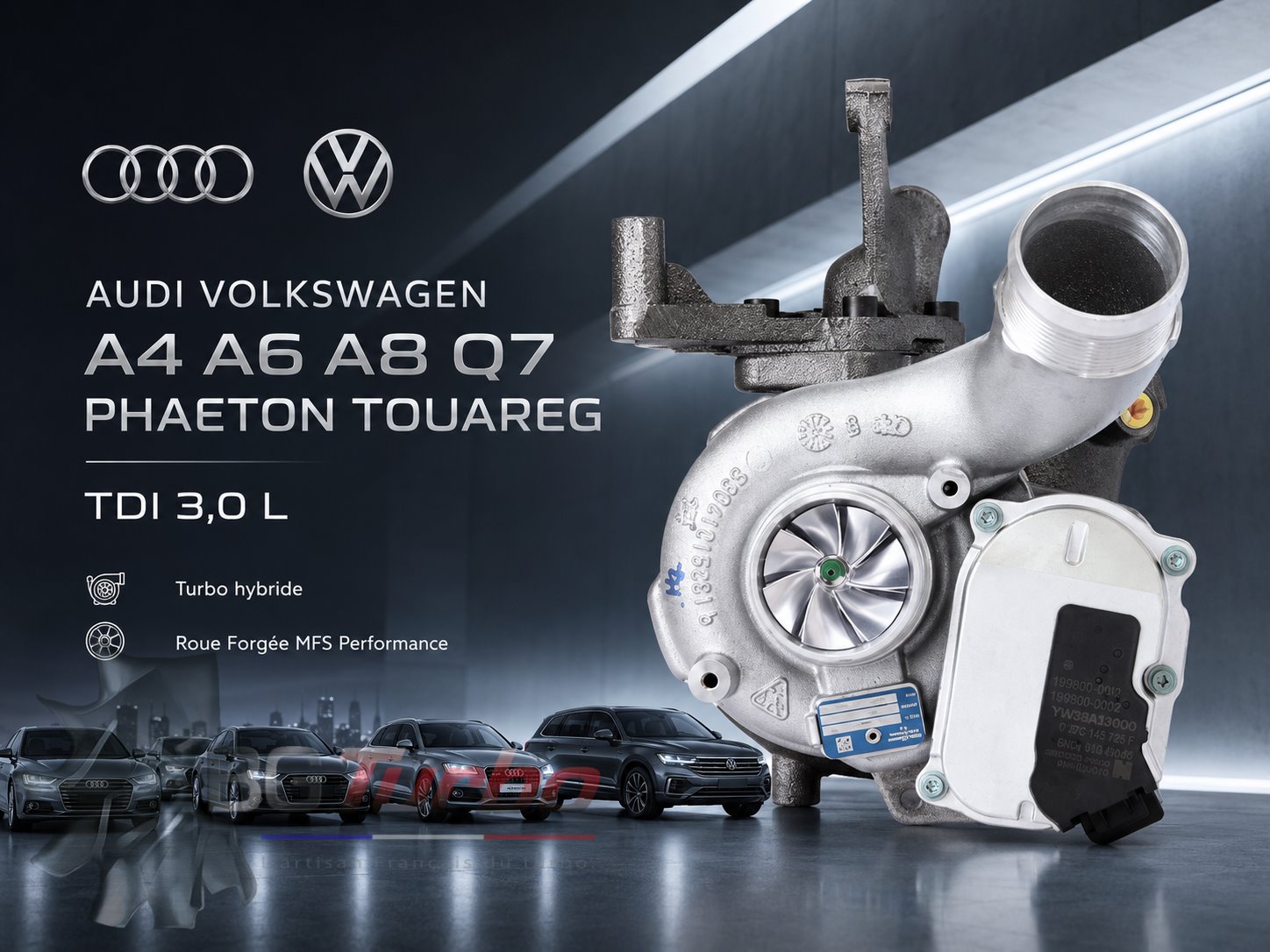 Turbo TURBO - HYBRIDE - &nbsp;NEUF OE PRÉPARÉ EN FRANCE &nbsp;- STAGE1 - BV50 - 6+6 pales - MFS PERFORMANCE K432Diamètre admission - Ind : 43,03 mm / Exd : 56,08 mm / Angle : 30°
