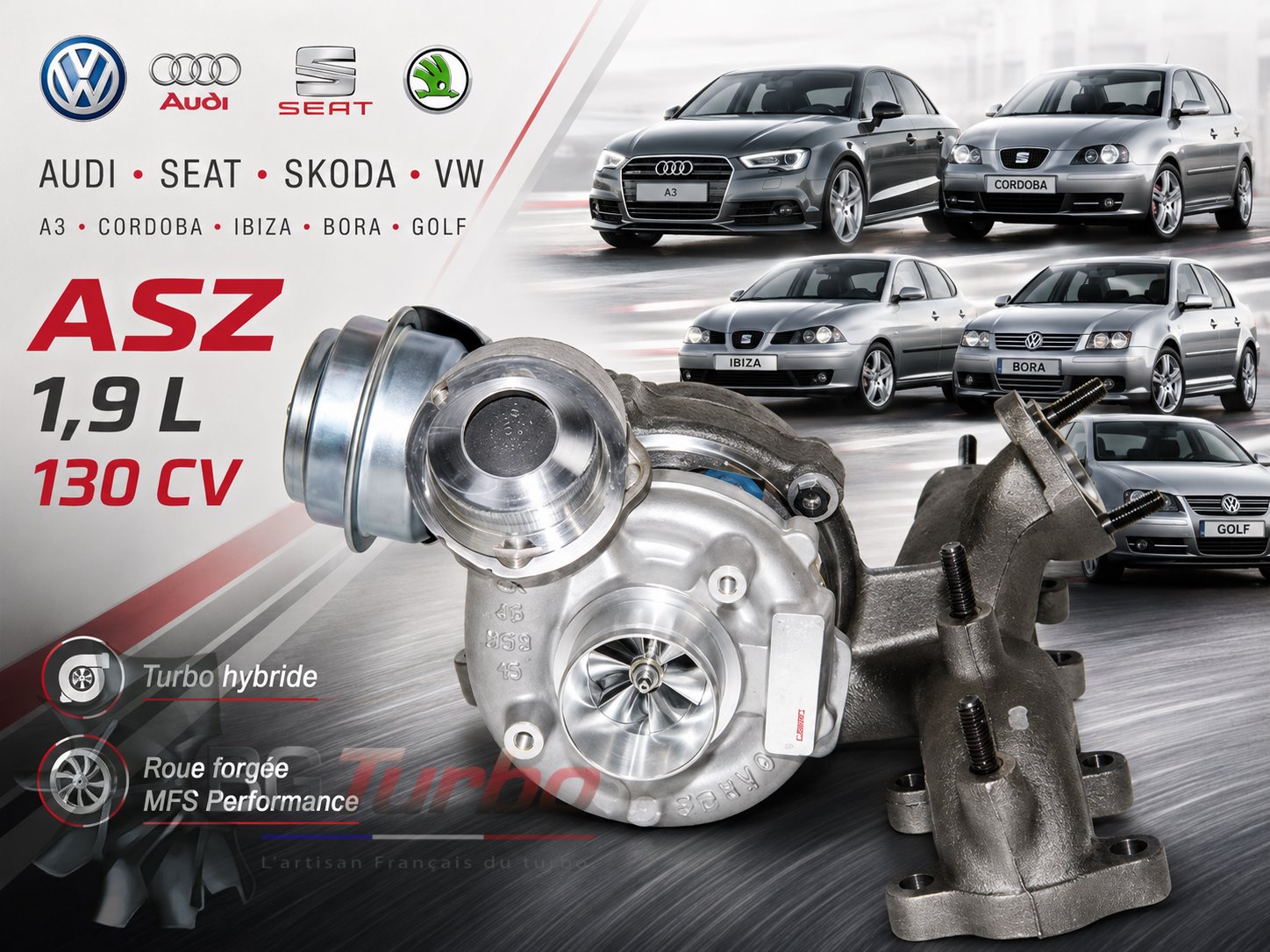 Turbo TURBO - HYBRIDE - &nbsp;E/S PRÉPARÉ EN FRANCE &nbsp;- STAGE1 - GT1749V - 6+6 pales - MFS PERFORMANCE 1730Diamètre admission - Ind : 36,39 mm / Exd : 49 mm / Angle : 30°
