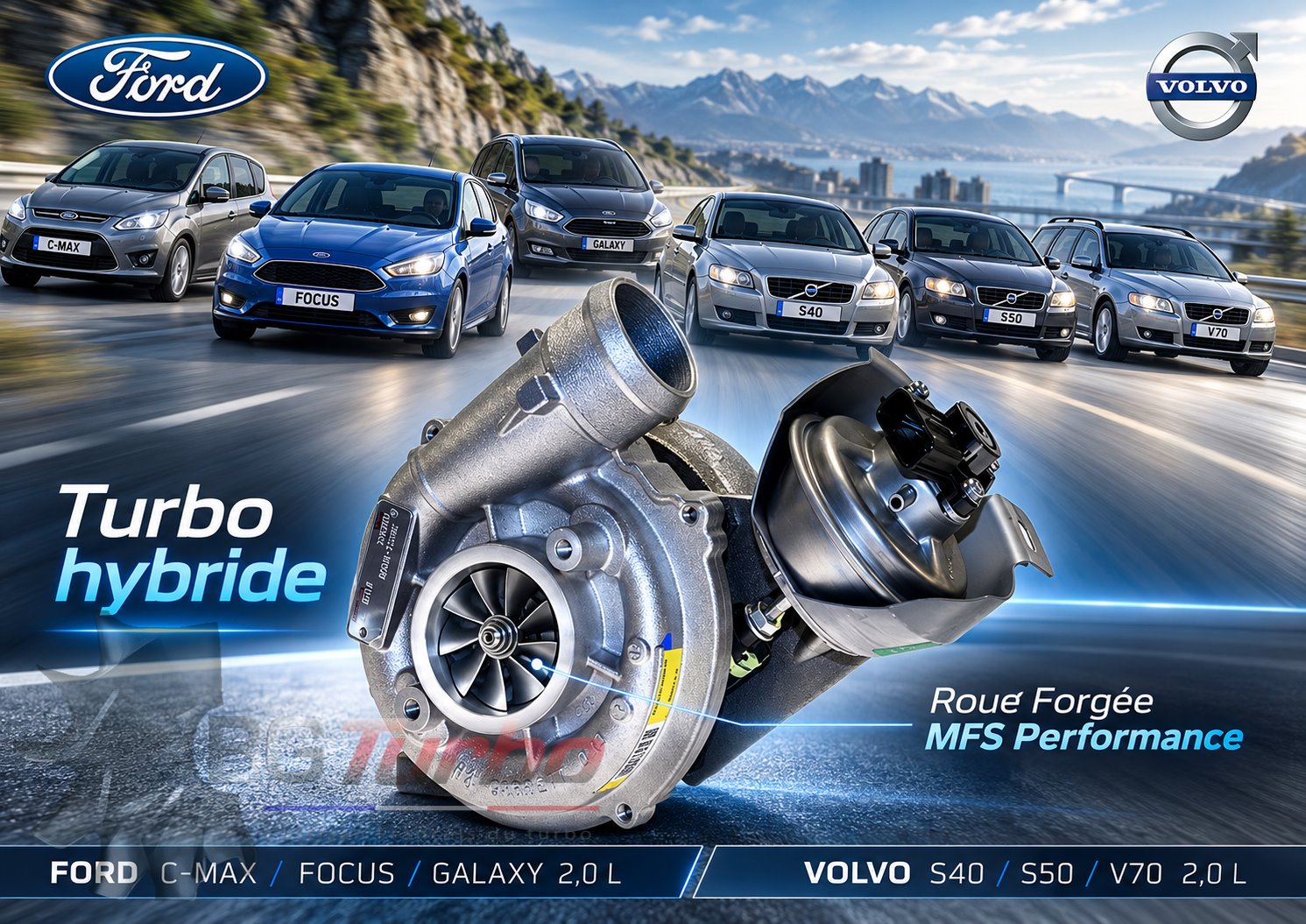 Turbo TURBO - HYBRIDE - &nbsp;NEUF OE PRÉPARÉ EN FRANCE &nbsp;- STAGE1 - 0 - 6+6 pales - MFS PERFORMANCE 1730Diamètre admission - Ind : 36,39 mm / Exd : 49 mm / Angle : 30°
