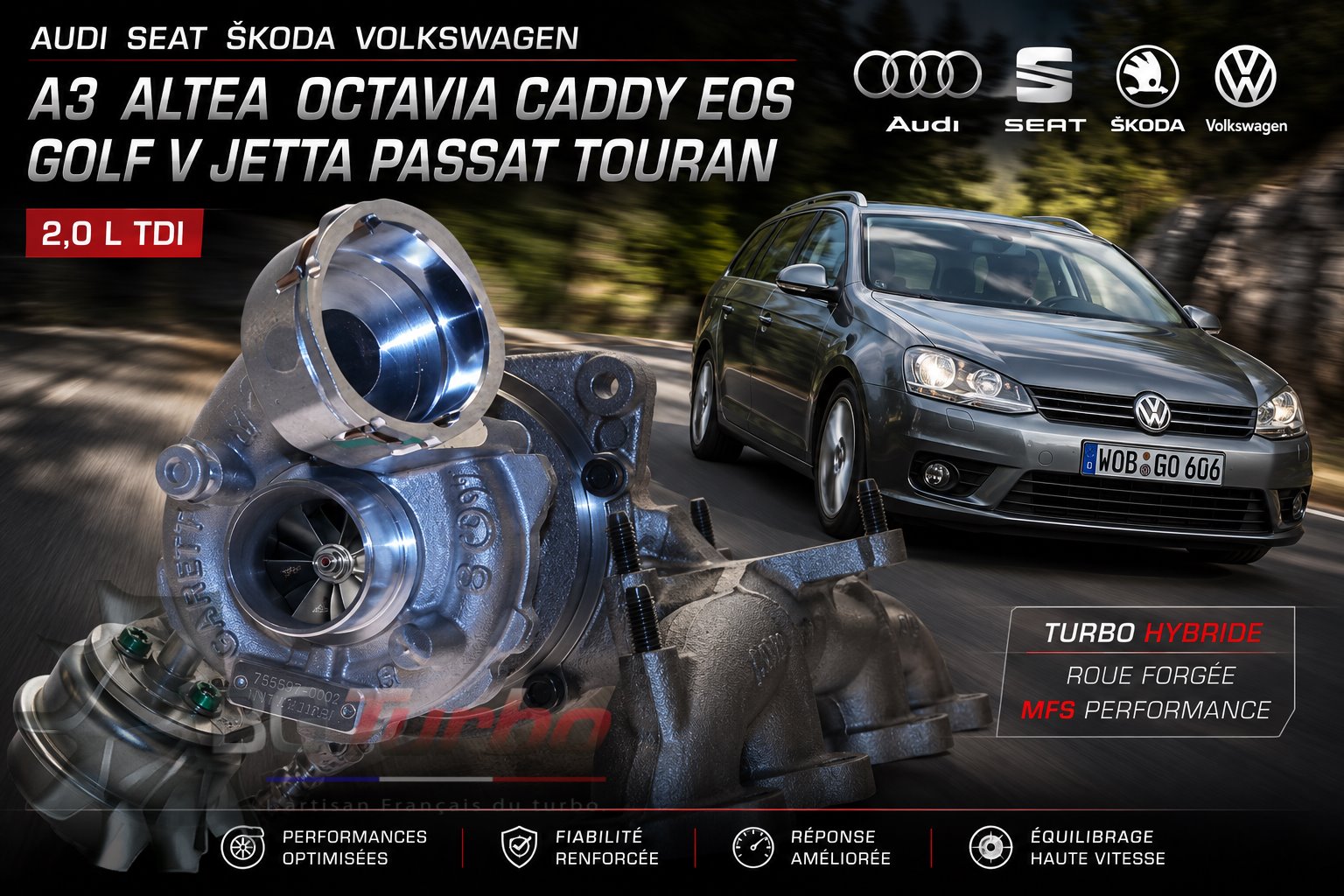 Turbo TURBO - HYBRIDE - &nbsp;NEUF OE PRÉPARÉ EN FRANCE &nbsp;- STAGE1 - GTB1646MV - 6+6 pales - MFS PERFORMANCE 1506Diamètre admission - Ind : 34,1 mm / Exd : 46,03 mm / Angle : 0°

