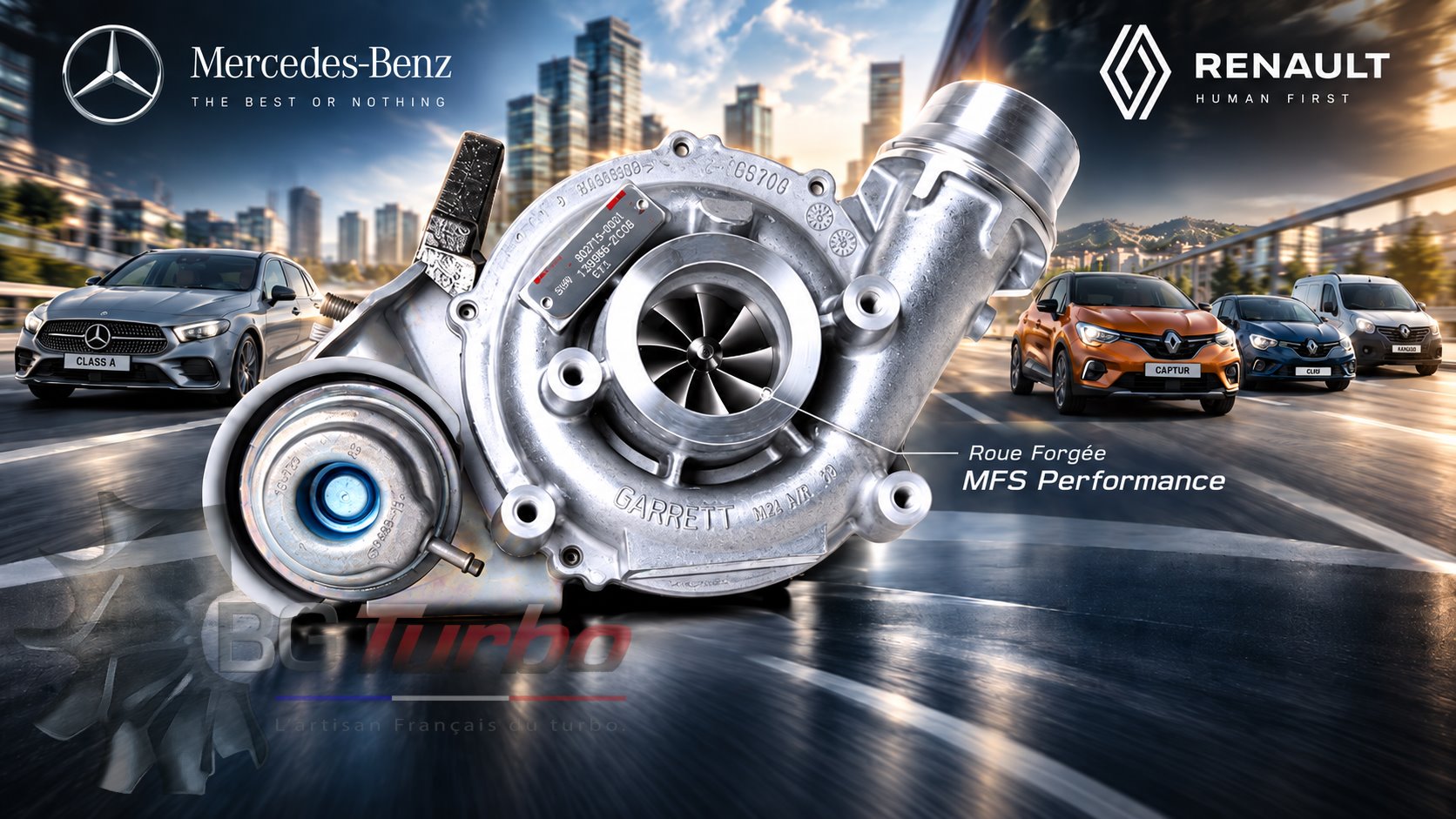 Turbo TURBO - HYBRIDE - &nbsp;NEUF OE PRÉPARÉ EN FRANCE &nbsp;- STAGE1 - 0 - 8+0 pales - MFS PERFORMANCE 1267Diamètre admission - Ind : 30,5 mm / Exd : 41 mm / Angle : 30°
