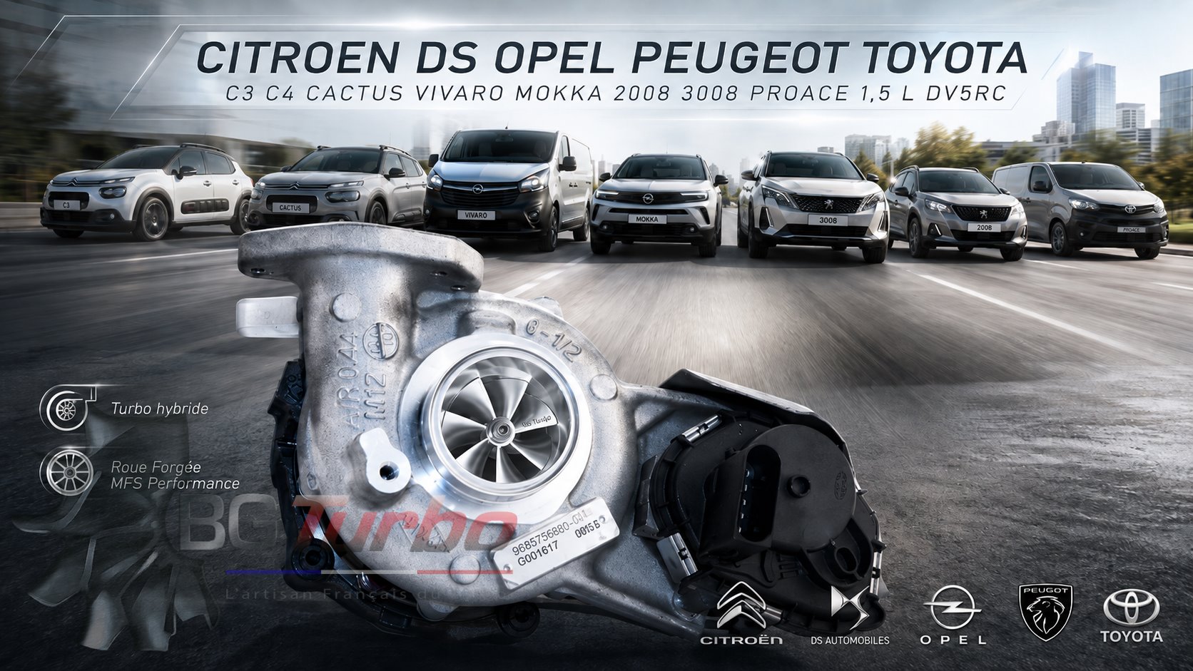 Turbo TURBO - HYBRIDE - &nbsp;NEUF OE PRÉPARÉ EN FRANCE &nbsp;- STAGE2 - 0 - 8+0 pales - MFS PERFORMANCE U160Diamètre admission - Ind : 40 mm / Exd : 50 mm / Angle : 14.8°
