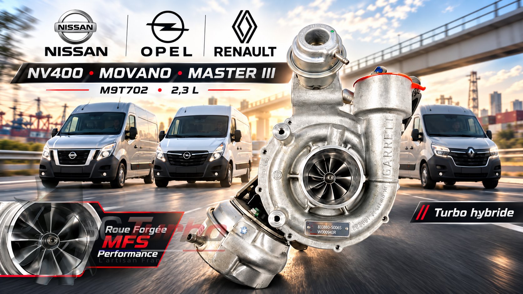Turbo TURBO - HYBRIDE - NEUF OE PRÉPARÉ EN FRANCE - STAGE1 - GT1238MZ - 8+0 pales - MFS PERFORMANCE G2G5Diamètre admission - Ind : 30,4 mm / Exd : 44 mm / Angle : 14°
