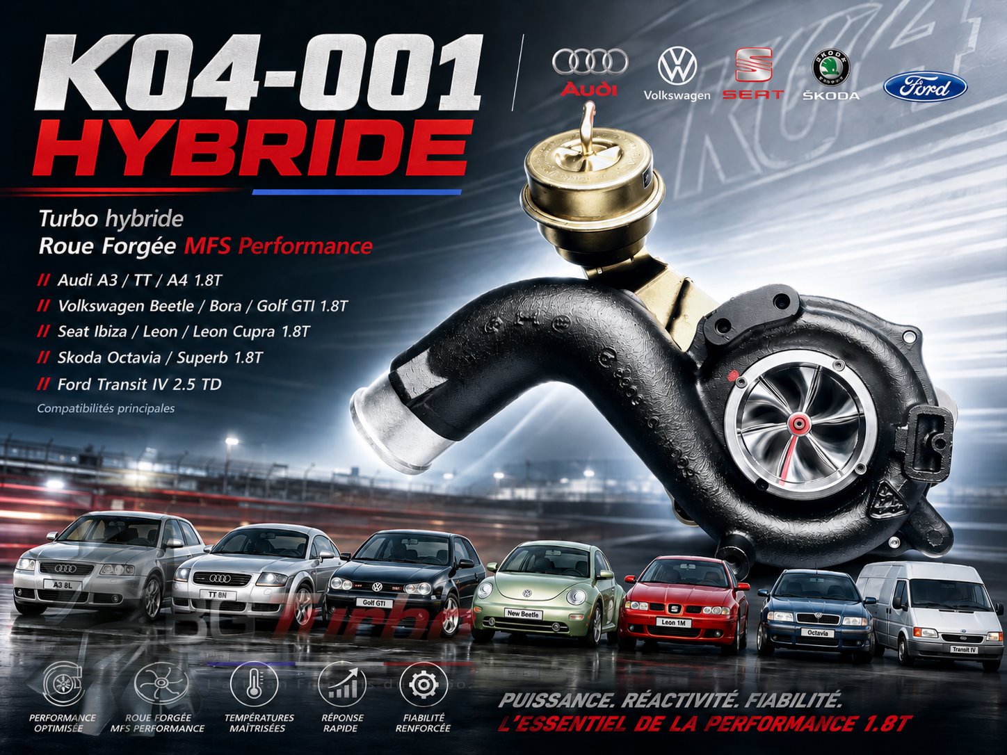 Turbo TURBO - HYBRIDE - &nbsp;NEUF ADAPTABLE PRÉPARÉ EN FRANCE &nbsp;- STAGE1 - 0 - 4+4 pales - MFS PERFORMANCE K441
Diamètre admission - Ind : 41,94 mm / Exd : 56,08 mm / Angle : 30°
